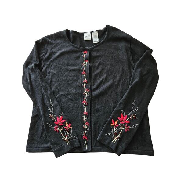Floral Embroidery Black Snap Front Cardigan Womens Size Large - Picture 5 of 6